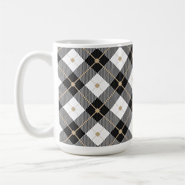 Trendy Black White Plaid Pattern Coffee Mug (Left)