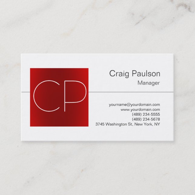 Trendy Black White Red Monogram Business Card (Front)