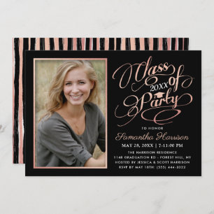Trendy Black, White & Rose Gold Graduation Party Invitation