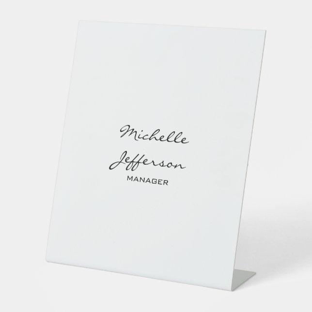Trendy Black & White Script Manager Business Card Pedestal Sign (Front)