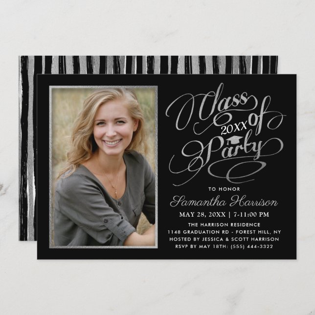 Trendy Black, White & Silver Graduation Party Invitation (Front/Back)