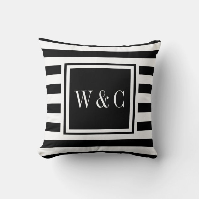 Trendy Black White Stripe Monogram Cushion (Front)