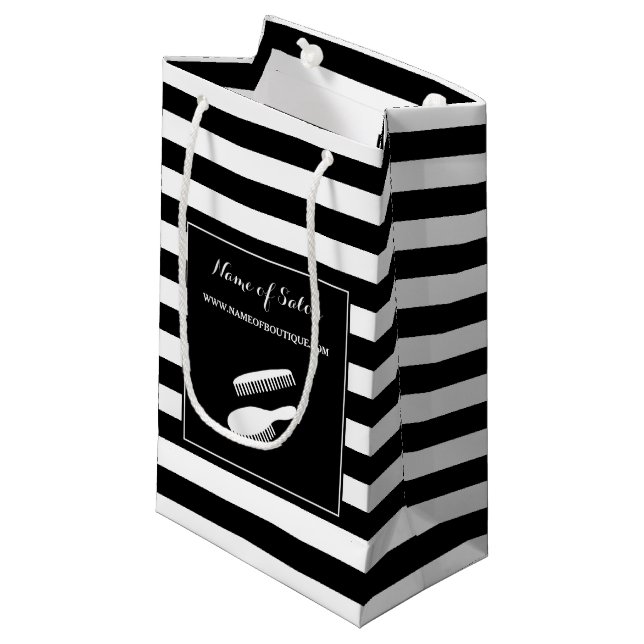 Trendy Black White Stripes Hair and Beauty Salon Small Gift Bag (Front Angled)