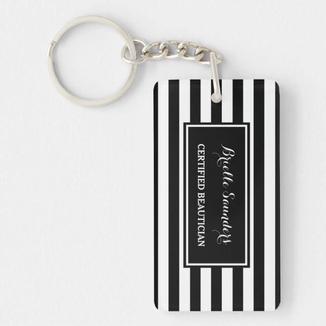 Trendy Black White Stripes Hair and Makeup Artist Key Ring (Front)