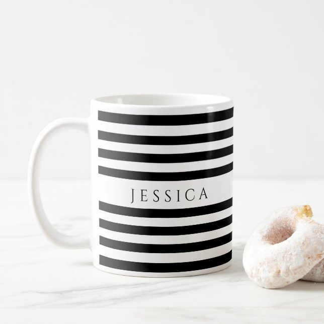 Trendy Black & White Stripes Pattern Name Coffee M Coffee Mug (With Donut)