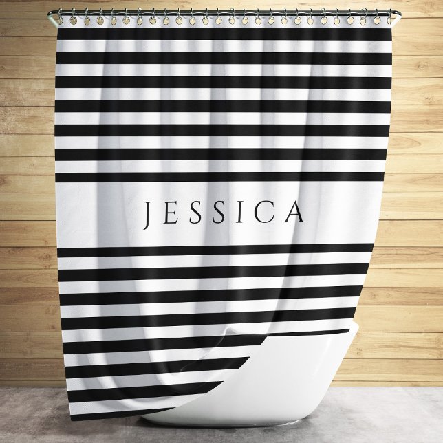 Trendy Black & White Stripes Pattern Name  Shower Curtain (Elegant Black And White Stripes Pattern Name Shower Curtain)