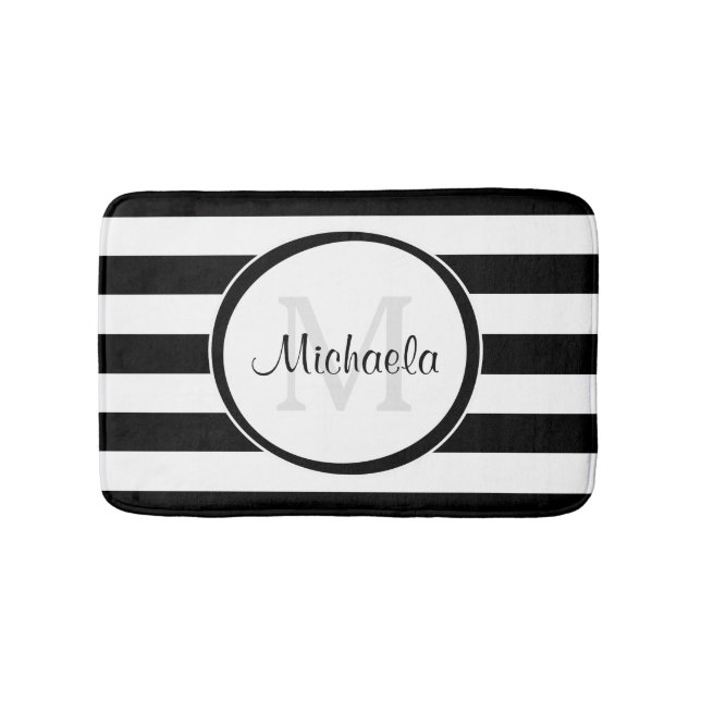 Trendy Black White Stripes With Monogram and Name Bath Mat (Front)