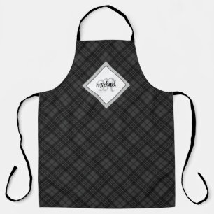 Trendy Black white tartan Personalise Monogram Apron