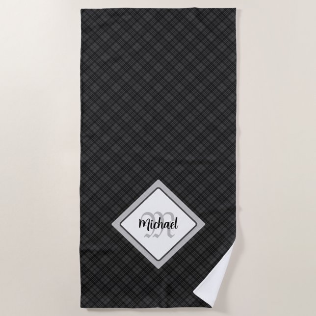 Trendy Black white tartan Personalise Monogram Beach Towel (Front)
