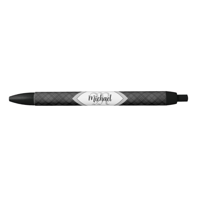 Trendy Black white tartan Personalise Monogram Black Ink Pen (Front)