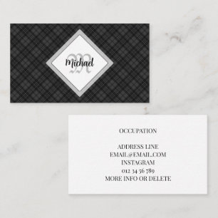 Trendy Black white tartan Personalise Monogram Business Card