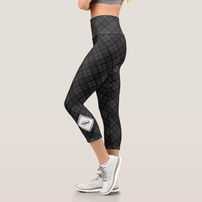 Trendy Black white tartan Personalise Monogram Capri Leggings (Left)