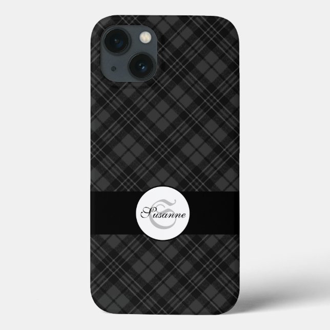 Trendy Black white tartan Personalise Monogram Case-Mate iPhone Case (Back)
