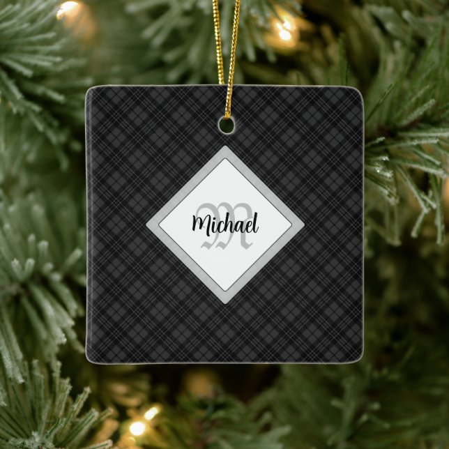 Trendy Black white tartan Personalise Monogram Ceramic Ornament (Tree)