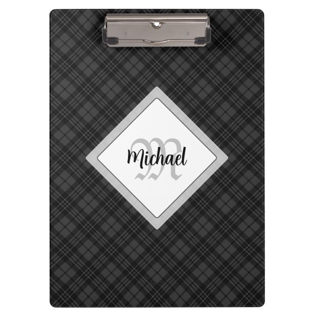Trendy Black white tartan Personalise Monogram Clipboard (Front)