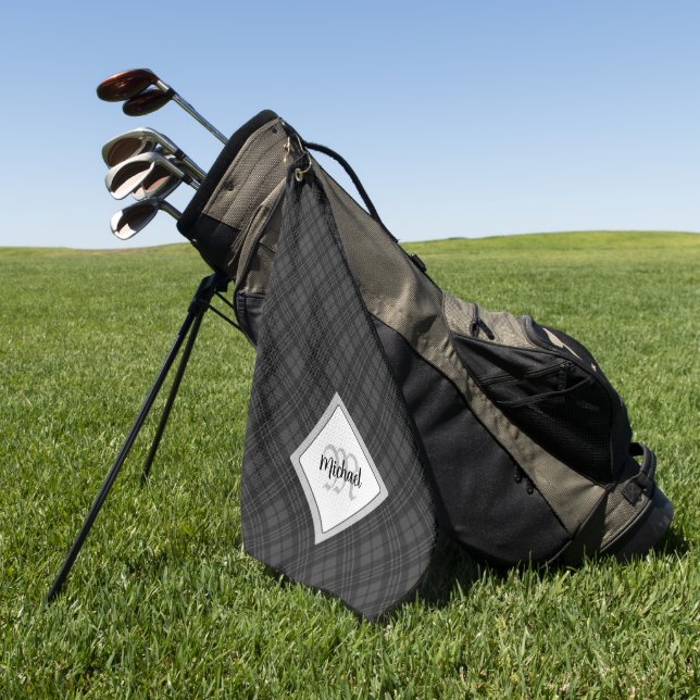 Trendy Black white tartan Personalise Monogram Golf Towel (Green)