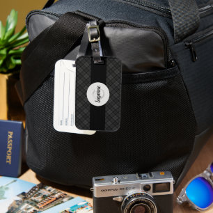 Trendy Black white tartan Personalise Monogram Luggage Tag