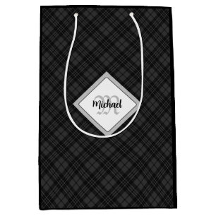 Trendy Black white tartan Personalise Monogram Medium Gift Bag