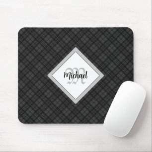 Trendy Black white tartan Personalise Monogram Mouse Pad