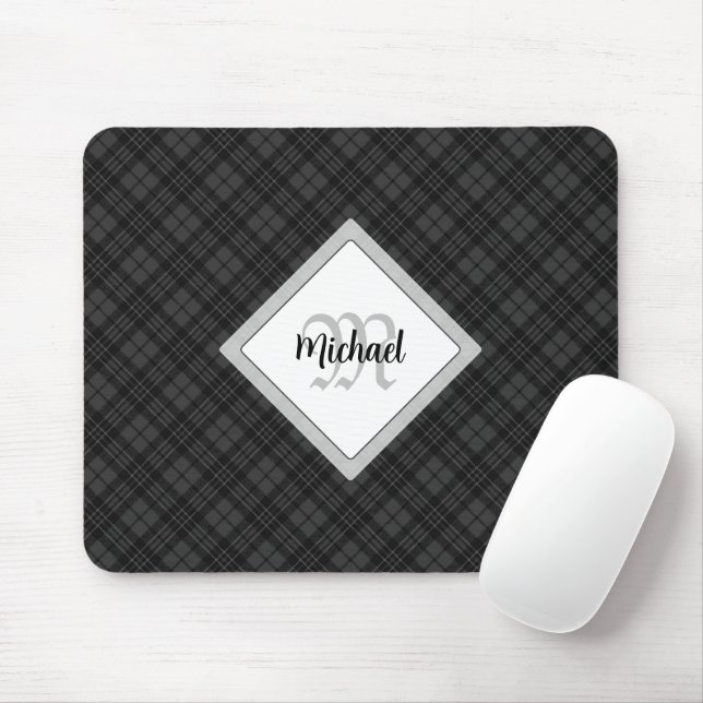 Trendy Black white tartan Personalise Monogram Mouse Pad (With Mouse)