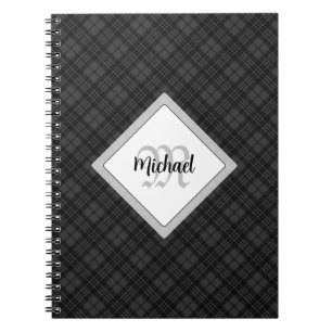 Trendy Black white tartan Personalise Monogram Notebook