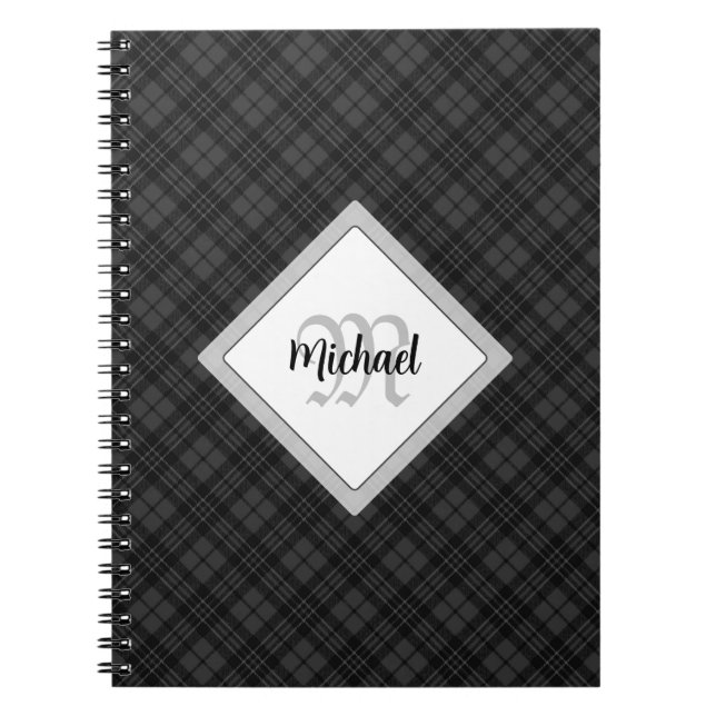 Trendy Black white tartan Personalise Monogram Notebook (Front)