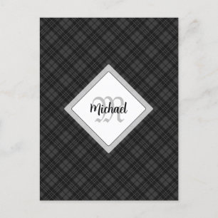Trendy Black white tartan Personalise Monogram Postcard