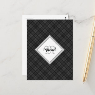 Trendy Black white tartan Personalise Monogram Postcard