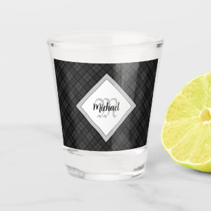 Trendy Black white tartan Personalise Monogram Shot Glass