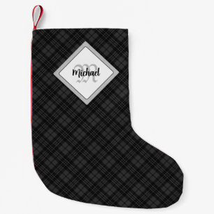 Trendy Black white tartan Personalise Monogram Small Christmas Stocking