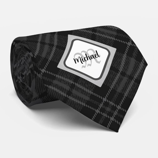 Trendy Black white tartan Personalise Monogram Tie (Rolled)