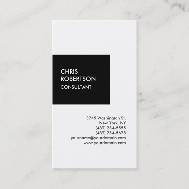 Trendy black white vertical unique business card (Front)