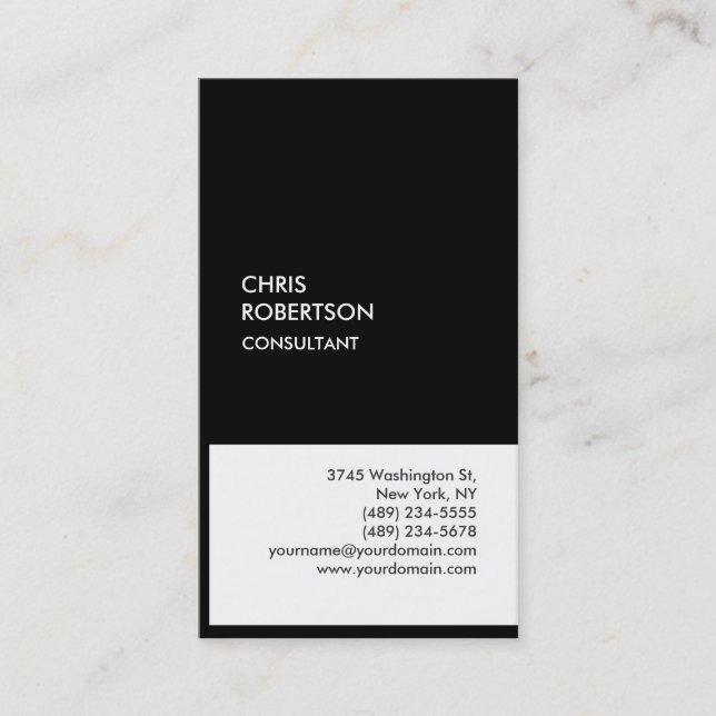 Trendy black white vertical unique business card (Front)