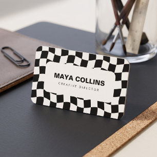 Trendy Black White Wavy Chequered Business Card