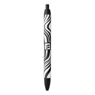 Trendy Black White Zebra Print With Chic Monogram Ink Pen