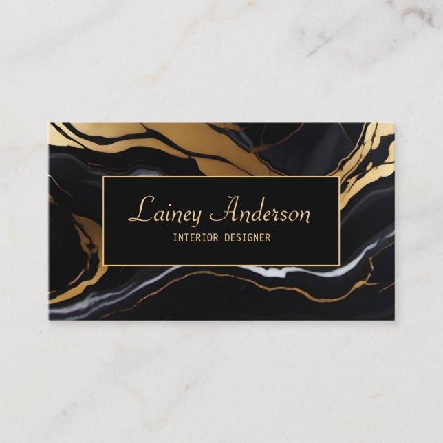Trendy Black yellow Gold faux marble Business Card (Front)