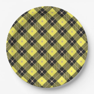 Trendy Black Yellow Plaid Pattern Paper Plate