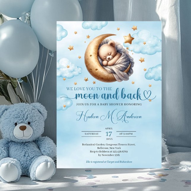 Trendy Blue and gold moon and back Boy Baby Shower Invitation (we love you to the moon and back - boy baby shower invitation)