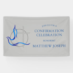 Trendy Blue and Grey Cross Dove Confirmation Banner