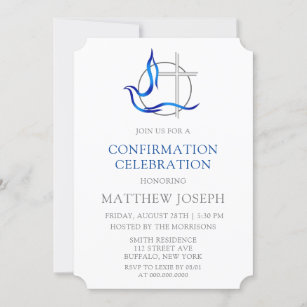 Trendy Blue and Grey Cross Dove Confirmation Invitation