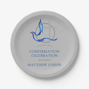 Trendy Blue and Grey Cross Dove Confirmation Paper Plate