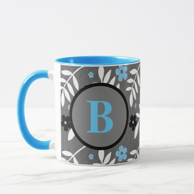 Trendy Blue and Grey Floral Monogram Mug (Left)