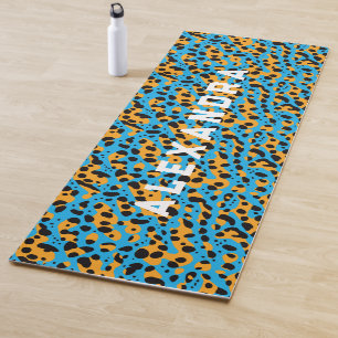 Trendy Blue And Orange Leopard Pattern And Name Yoga Mat