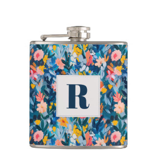 Trendy Blue and Pink Abstract Botanical Monogram Hip Flask