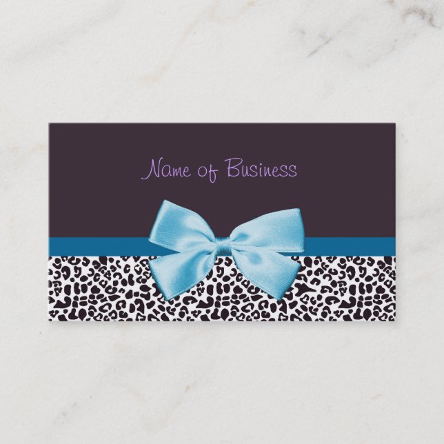 Trendy Blue And Purple Leopard Print With Ribbon Business Card (Front)