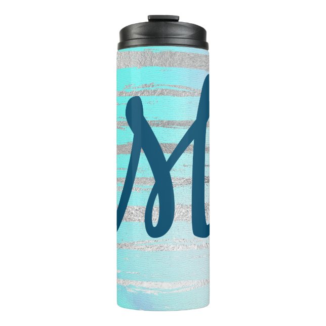 Trendy blue and silver monogram thermal tumbler (Front)