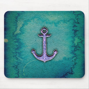 Trendy Blue and teal watercolor Heart Anchor Mouse Pad