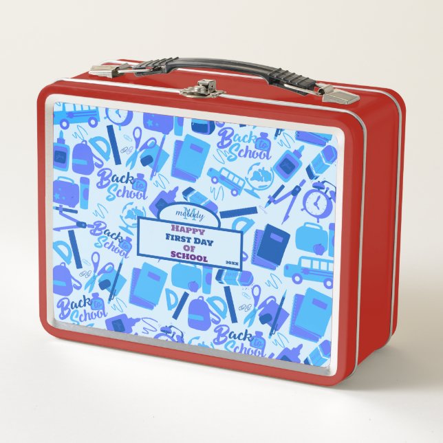 Trendy Blue Back to School Pattern Metal Lunch Box (Front)