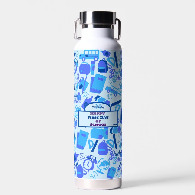 Trendy Blue Back to School Pattern Water Bottle (Front)