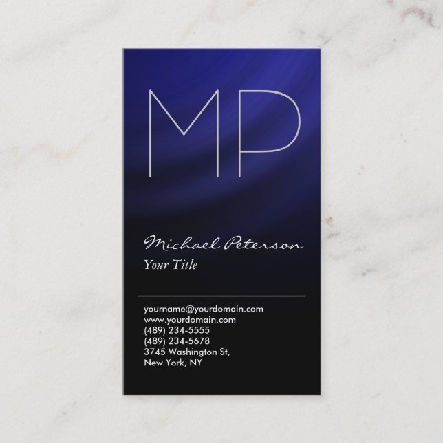 Trendy Blue Black Grey Monogram Business Card (Front)